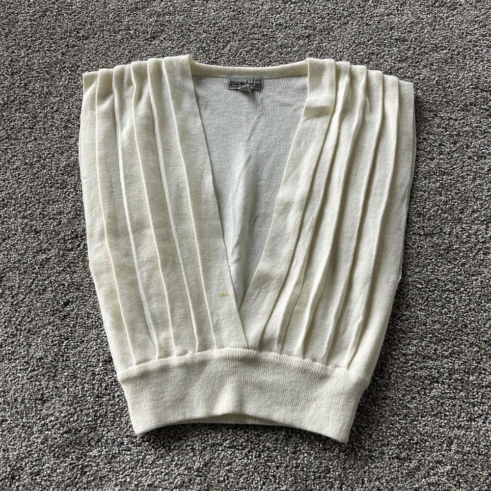 Vintage Nicole Curie Sweater Vest Womens Medium White V Neck Pleated Tight-Knit